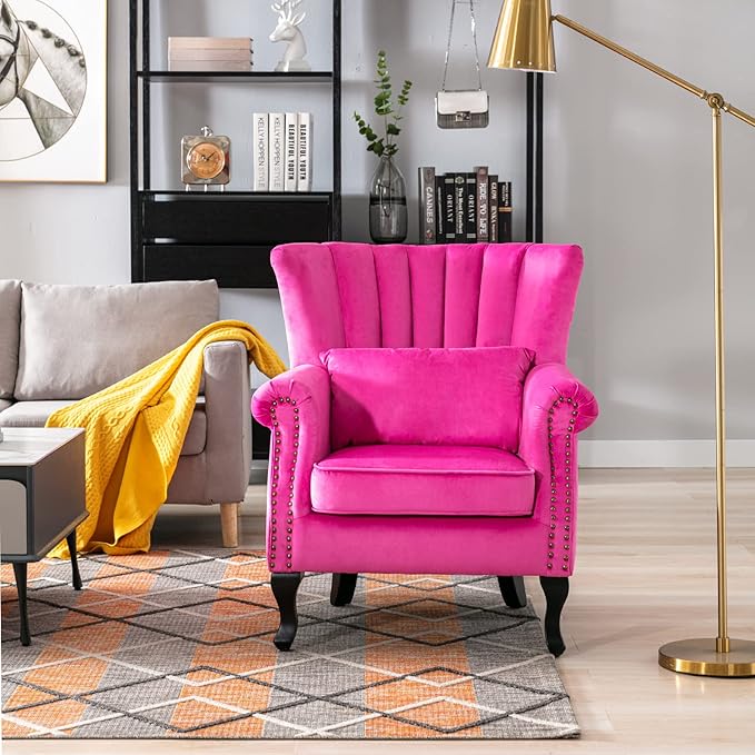 Accent Reading Arm Chairs Midcentury Modern Comfy Corner Sofa Chair, Wingback Waiting Room Club Chair with Tufted Back for Living Room/Bedroom/Reception Room, Velvet Rose