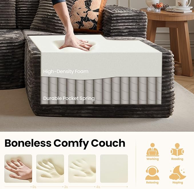 104" Cloud Sectional Couch with Chaise, Boneless L-Shaped Cloud Couch with Deep Seat, Soft Plush Modern Minimalist Sofa, Assembly Free Comfy Sofa for Office Living Room Apartment(Grey, Right Chaise)