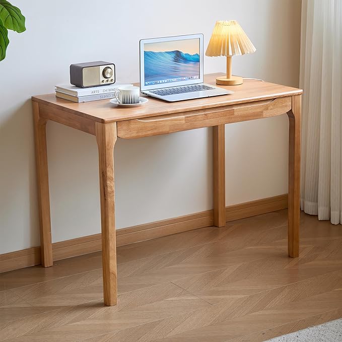 40"x24" Solid Wood Desk with Drawers,Wood Writing Desk for Small Spaces, Home Office Desks for Work, Gaming Study PC Desk for Bedroom, Student Computer Desks(Natural Wood Color, 40 inch)