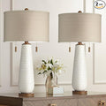 Possini Euro Design Kingston Mid Century Modern Table Lamps 32 3/4" Tall Set of 2 White Textured Ceramic Taupe Drum Shade Decor for Bedroom Living Family Room Bedside Nightstand House Home Office