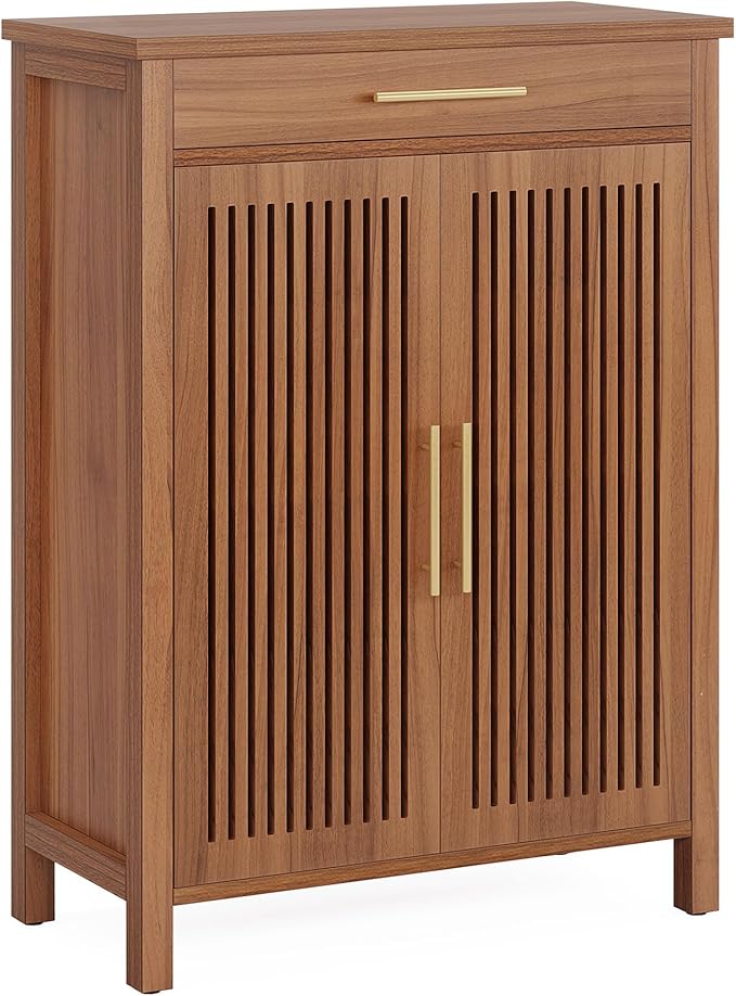 Tribesigns Shoe Cabinet, 5-Tier Shoe Storage Cabinet with Louvered Doors and Drawer, Freestanding Wooden Shoe Rack Organizer with Adjustable Shelves for Entryway, Hallway, Closet, Brown