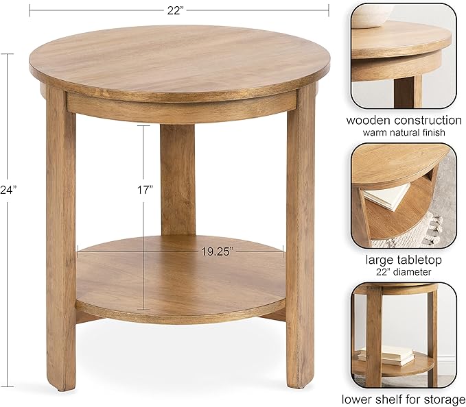 Kate and Laurel Foxford Tiered Round Side Table; 22 x 22 x 24; Natural Brown; Transitional Two-Tier Circle Nightstand Table with Storage and Resilient Wood Construction for Bedroom Decor