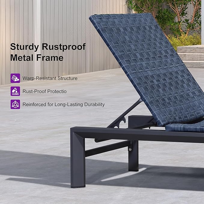 PURPLE LEAF Patio Chaise Lounge Rattan Chair Outdoor Pool Adjustable Recliner Wicker Lounger for Outside Woven Furniture Tanning Poolside Lounger Navy Blue