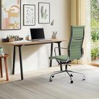 Ribbed Office Chair with Top Grain Leather - High Back Ergonomic Desk Chair with Aluminum Arm Rest and 5-Star Base, Swivel Chairs Light Green