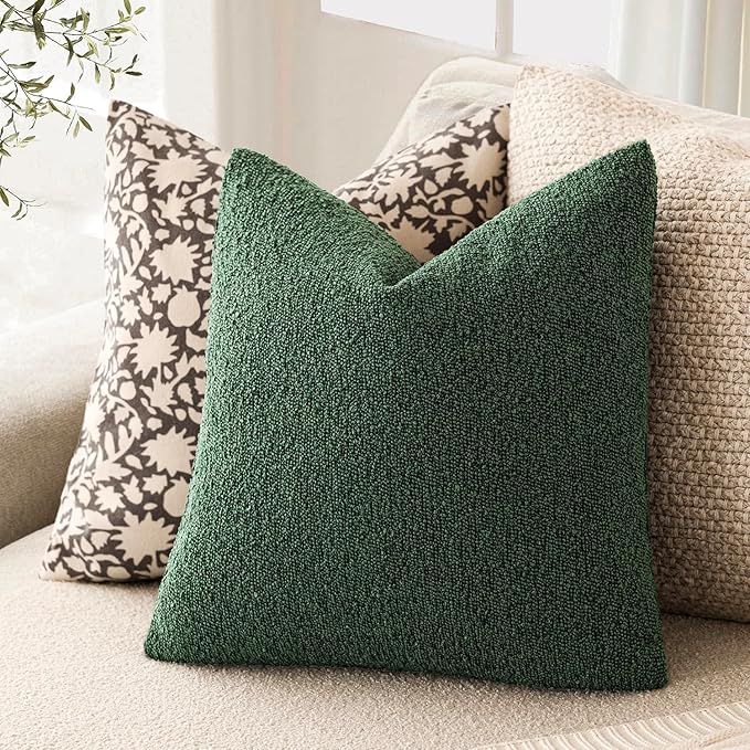Foindtower Set of 2, Decorative Textured Boucle Throw Pillow Covers Accent Solid Pillow Cases Neutral Cozy Couch Cushion Case for Chair Sofa Bedroom Living Room Home Decor 24x24 Inch Pine Green