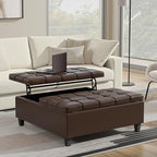 SIMPLIHOME Harrison 40 inch Wide Transitional Square Large Coffee Table Storage Ottoman in Chocolate Brown Vegan Faux Leather, Assembled, for The Living Room and Bedroom