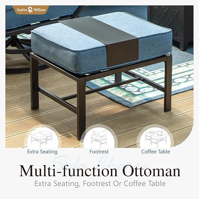 Sophia & William Patio Furniture Sets for 5 Outdoor Metal Conversation Sets 5 Pcs with 2 x Cushioned Swivel Sofa Chairs, 2 x Ottomans as Coffee Table, 1 x 3-Seat Sofa, Lawn Backyard Poolside Navy