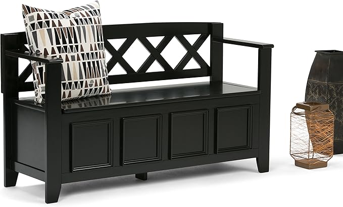 SIMPLIHOME Amherst Entryway Storage Bench - 48 inch Wide Solid Wood Hallway Seat in Black, Transitional Bench for Entryway or Living Room with Lift-Up Lid and Spacious Storage