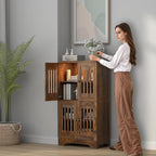 PARTPHONER Bathroom Floor Storage Cabinet with Cabinet Lights, Modern Storage Cabinet with 4 Doors and Adjustable Shelves, Buffer Hinges, Brown Pantry Cabinet for Living Room & Kitchen