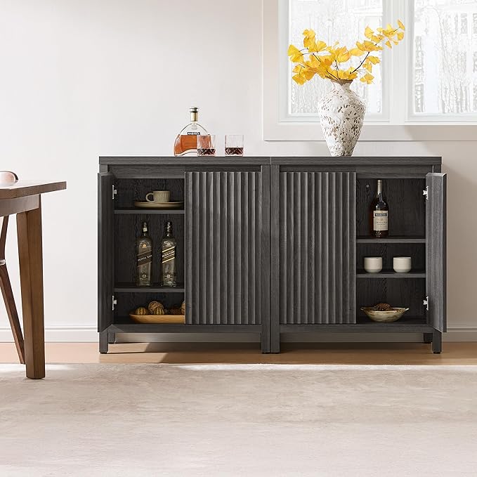 SICOTAS Sideboard Buffet Cabinet with Storage, Fluted Credenza Console Cabinet with Adjustable Shelves, Modern Coffee Bar Storage Cabinet for Kitchen, Living Room, Entryway, Black Oak, 2 PCS