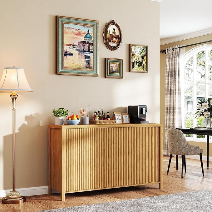 YOUDENOVA Fluted Buffet Cabinet with Storage, Modern Sideboard Cabinets with 4 Doors & Adjustable Shelves, Accent 56” Credenza Storage Cabinet, Wood Entryway Cabinet for Living Room Hallway, Natural