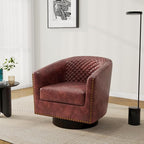 Pia Ricco Faux Leather Swivel Barrel Accent Chairs, 360° Swivel Round Single Sofa Chair, Comfy Upholstered Club Armchair with Nailhead Trim for Living Room/Reading Room/Bedroom, Red Brown