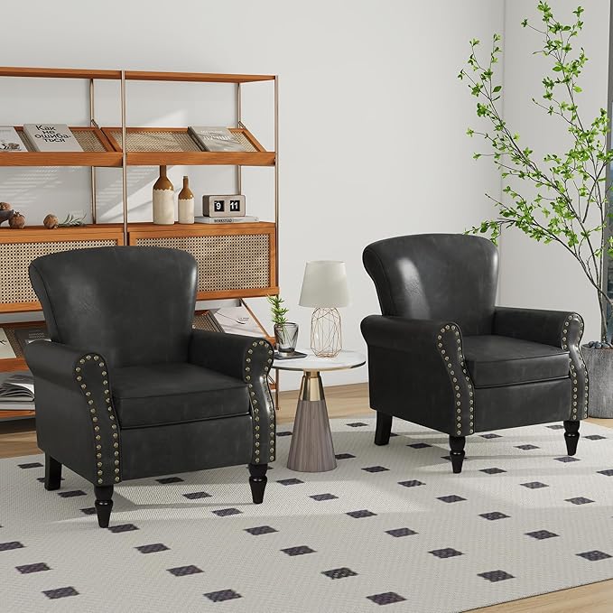 Accent Chair, Mid Century Modern Faux Leather Arm Chair with Wood Leg for Living Room, Bedroom, Comfy PU Leather Club Reading Chairs with Wingback & Nailhead Trim (Leather Black Grey, Set of 2)