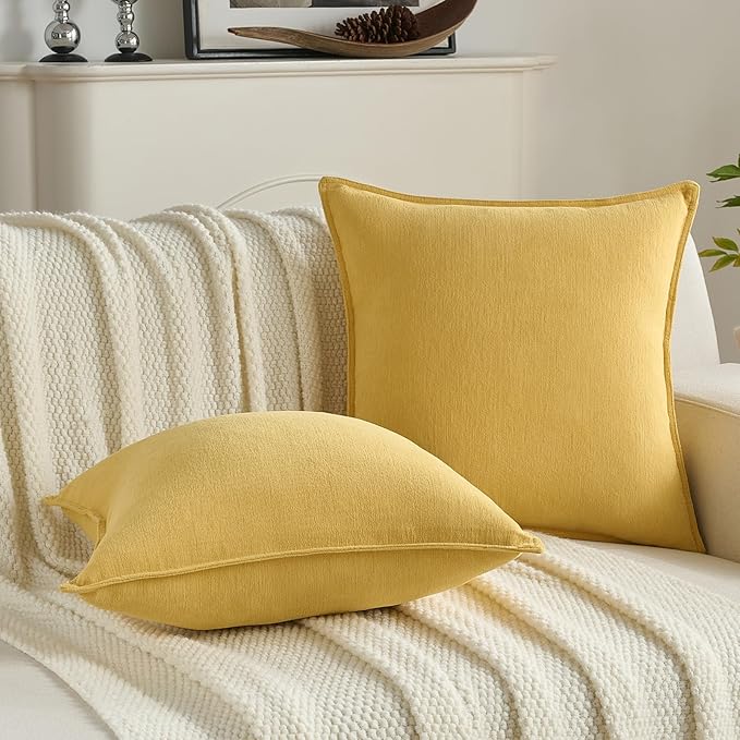 FUTEI Mustard Yellow Chenille Throw Pillow Covers 16x16 Inch Set of 2,Edges Double-Stitched Cushion Cases,Modern Home Decor for Couch Living Room