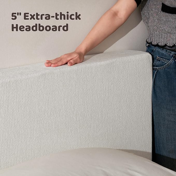 RECCI Cloud Upholstered Full Bed Frame with Headboard, 5 Inch Foam Padded Platform, No Box Spring, Easy Assembly (Off-White)