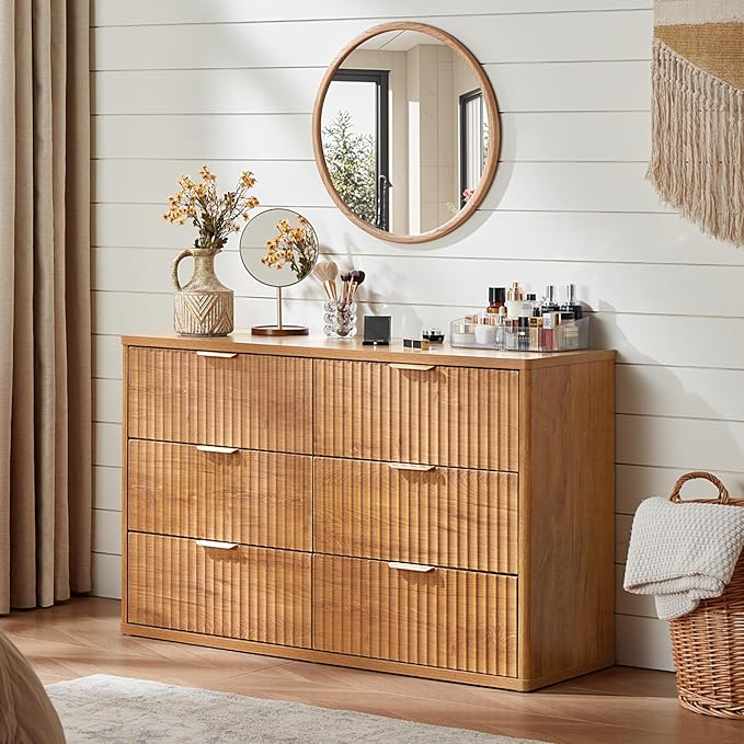 LEYAOYAO Fluted 6 Drawers Dresser Set of 2, 48" Wide Modern Chest of Drawers with Wood Grain Top, Curved Profile Design, Dresser TV Stand, Wooden Drawer Organizer for Bedroom, Living Room,Brown