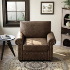 ONBRILL Nailhead Trim Accent Chair, Faux Leather Club Chair for Living Room, Comfy Armchair with Springs Cushions & Solid Wood Legs, Traditional Rolled Arms Single Sofa for Bedroom, Apartment, Brown