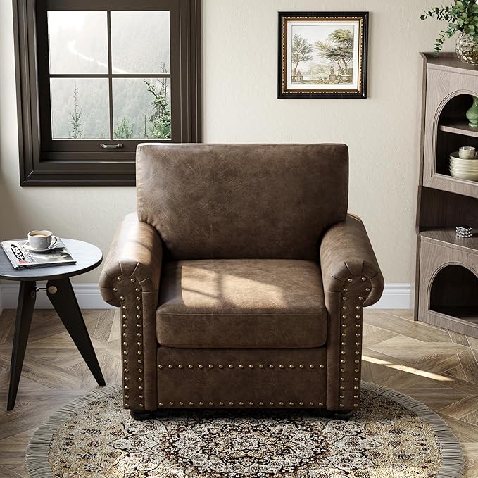 ONBRILL Nailhead Trim Accent Chair, Faux Leather Club Chair for Living Room, Comfy Armchair with Springs Cushions & Solid Wood Legs, Traditional Rolled Arms Single Sofa for Bedroom, Apartment, Brown