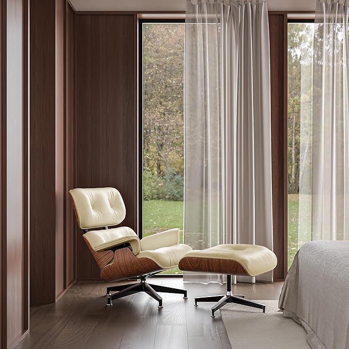 Top Cream White Grain Leather, Mid Century Chaise Lounge Chair and Ottoman, Modern Chair Classic Design, Walnut Wood, Heavy Duty Base Support for Living Room Office