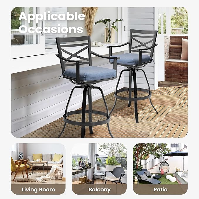 Pellebant Set of 6 Outdoor Bar Stools 30", Aluminum Swivel Patio Bar Height Bar Stools with Back & Footrest, for Deck Lawn Garden(Spectrum Denim)