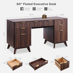 T4TREAM Fluted Executive Desk with Drawers, 60" Modern Home Office Computer Desk with Charging Station, File Cabinet, Keyboard Tray and Storage Cabinet for Study, Living Room, Bedroom, Dark Walnut