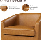 Swivel Barrel Accent Chair, Round Faux Leather Living Room Arm Chairs, Modern Upholstered Comfty Reading Nook Chairs for Bedroom, Small Club Armchair, Single Sofa Side Chair, Brown