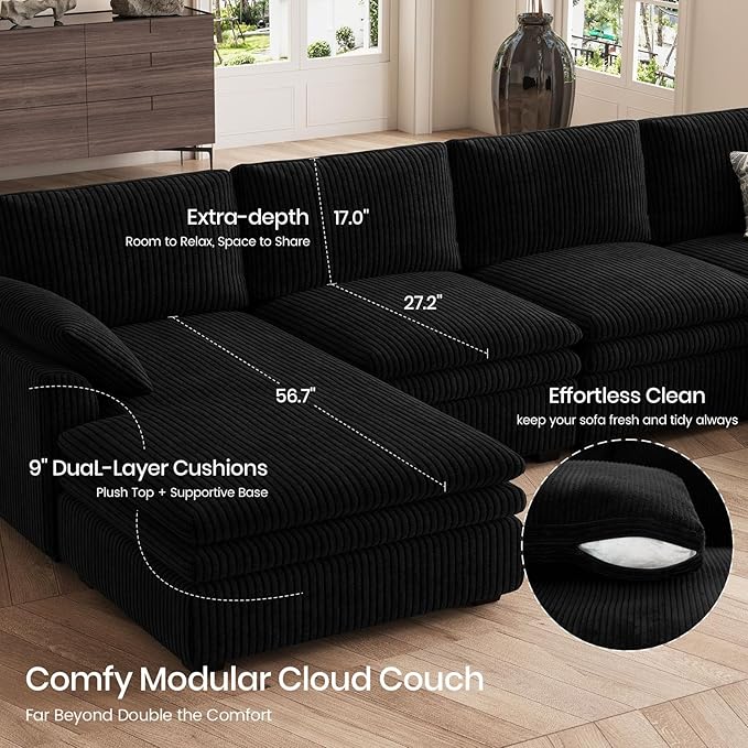Belffin Large Modular Sectional Sofa with Double Deep Chaise, 104" Corduroy U Shaped Couch with 9" Soft Dual-Layer Seats Cushion Sectional Couches for Living Room, Apartment, Black