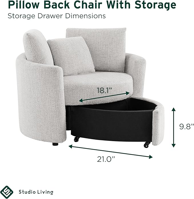Studio Living® Beckett 48" Storage Chair, Modern Farmhouse, Pocket Coil Comfort, Easy Assembly, Chenille Fabric, Ivory