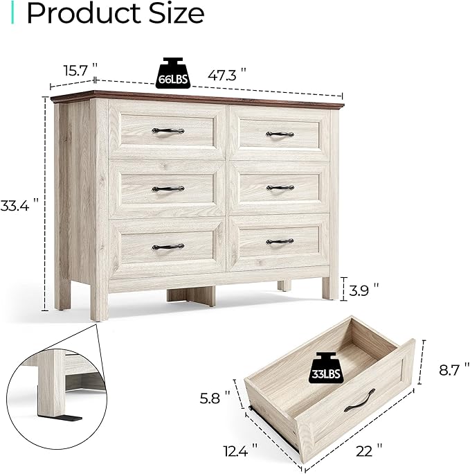 LINSY HOME Dresser for Bedroom with 6 Drawers, Wide Chest of Deep Drawers with Metal Handle, Wooden Bedroom Dresser with Storage Organizer for Closet, Living Room, Hallway, Beige