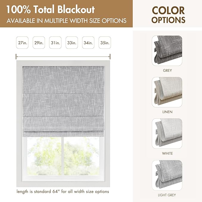 Madison Park Cordless Roman Shades, Total Blackout Window Blind Privacy Window Shades, Thermal Insulated Cordless Window Treatment for Bedroom, Living Room, Quincy, Single Panel 29"W X 64"H Light Grey