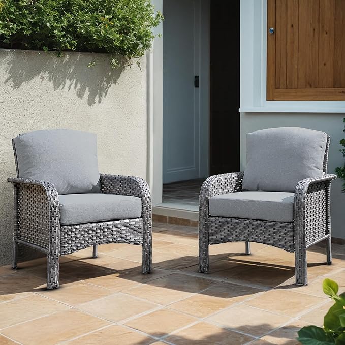 2 Pieces Wicker Patio Chairs - Outdoor Rattan Chairs Set of 2,All-Weather PE Wicker Dining Chair Set with High Back and Deep Seating for Deck Porch,Grey