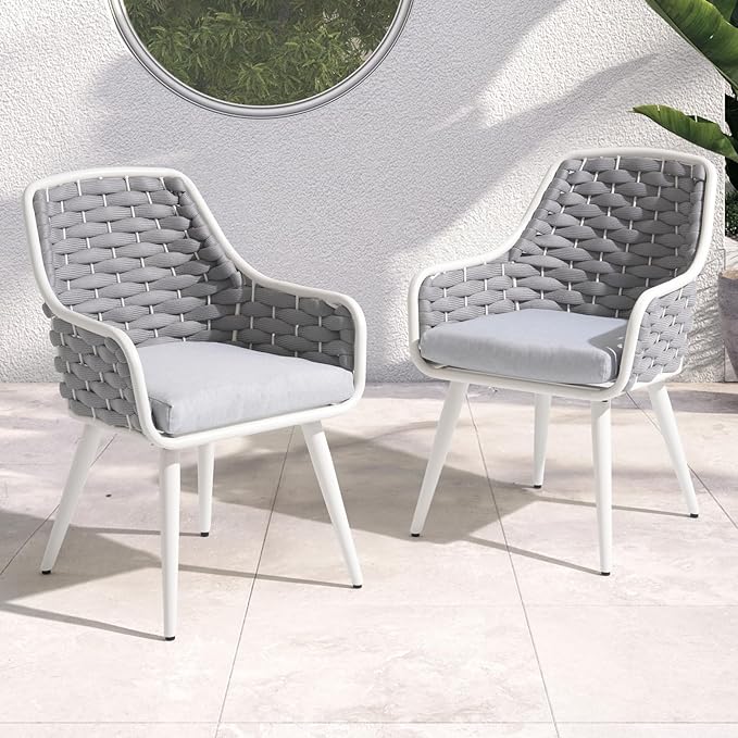 SUNSITT Outdoor Dining Chairs Set of 2, Metal Outdoor Patio Dining Chairs with Weather-Resistant Cushions, Woven Rope Chairs Outdoor with Armrest Light Grey Outdoor Furniture Chairs for Backyard