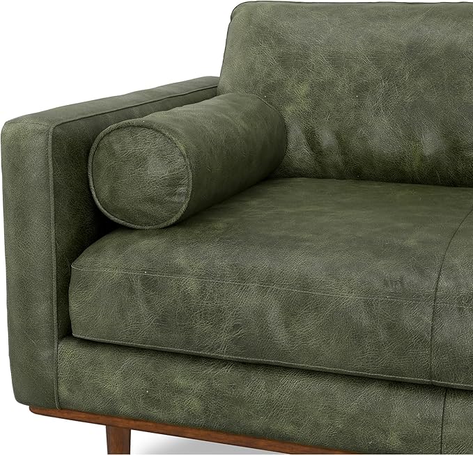 SIMPLIHOME Morrison 89-inch Wide Sofa in Moss Green Genuine Leather, Mid-Century Modern Design Couch for Living Room, Single Bench Cushion, 2 Back Cushions, 2 Bolster Pillows