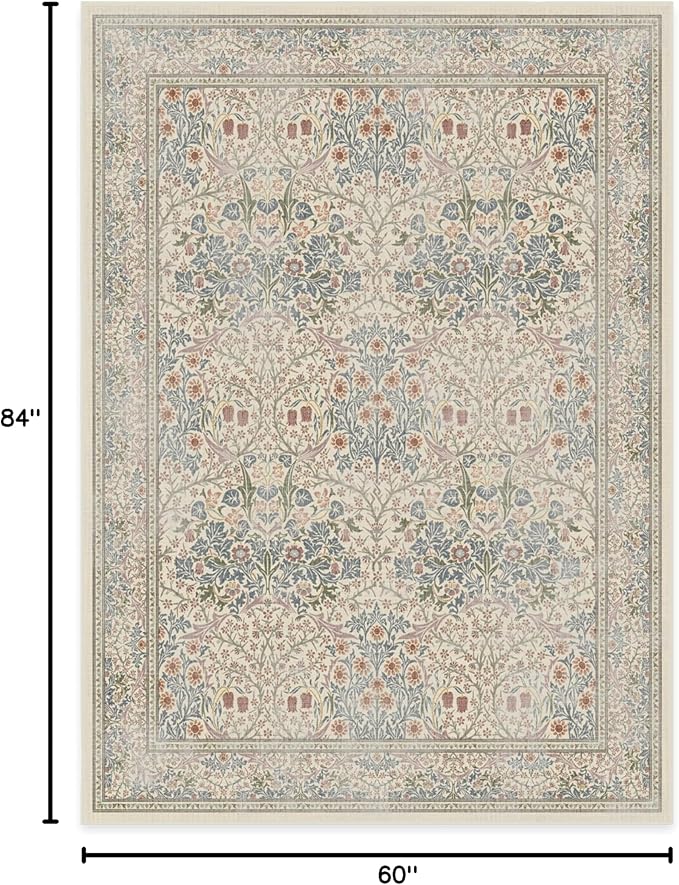 RUGGABLE x Morris & Co Washable Area Rug – Blackthorn Ivory Blue 5x7, Stain-Resistant, Non-Slip – Medium Machine Washable Rugs for Living Room, Bedroom, Hallway, Entryway & Office–with Standard Pad