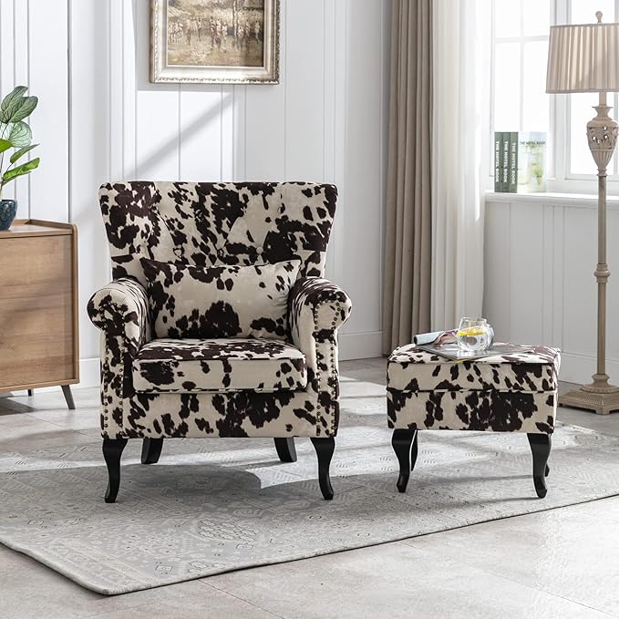 Accent Reading Arm Chairs with Ottoman for Living Room Bedroom, Midcentury Modern Comfy Corner Sofa Chair, Wingback Waiting Room Club Chair with Button Tufted Back &Lumbar Pillow, Fabric Cow
