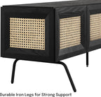 NTC Mossic TV Media Cabinet with 4 Doors for TVs, Entertainment Center with Natural Rattan, Metal Legs, Modern Storage Console for Living Room and Bedroom, Effortless Assembly, Burnt Black