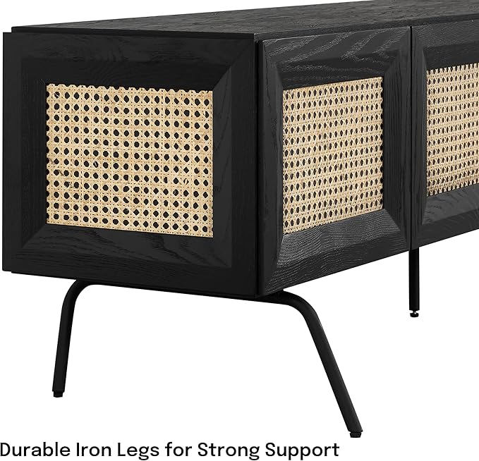 NTC Mossic TV Media Cabinet with 4 Doors for TVs, Entertainment Center with Natural Rattan, Metal Legs, Modern Storage Console for Living Room and Bedroom, Effortless Assembly, Burnt Black