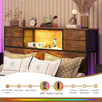 GiftGo Queen Size Headboard with 4 Fabric Storage Drawers Charging Station LED Light Adjustable Height Storage Rack Sturdy and Stable Metal Frame & Wood Shelf (Rustic Brown, Queen (U.S. Standard))