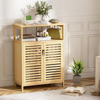 HITNET Bathroom Cabinet Freestanding, Bamboo Storage Cabinet 4-Tier Floor Cupboard with Door and Shelf for Bathroom, Kitchen, Hallway, Natural