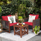 COSTWAY 3 Pieces Wicker Patio Furniture Set, Outdoor Wicker Sofa with Acacia Wood Frame, Coffee Table & Washable Cushions, Rattan Conversation Sets for Yard, Porch, Bistro, Balcony, Backyard, Red