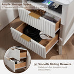 T4TREAM Fluted Nightstand with Charging Station, 18" Modern Side Table with Faux Marble Top, 2 Drawers End Table w/Storage, Bedside Table for Bedroom, Living Room, Curved Profile Design, Solid White