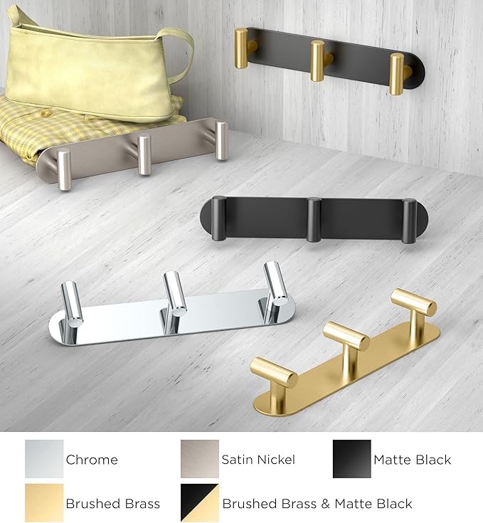 Gatco 1292MXB Modern Decor Wall Hook. Coat Hat Towel Robe Hook. for Entryway, Living, Kitchen, Bathroom, Bedroom. 3-Hook. Sturdy Matte Black/Brass on Premium Brass.