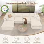 Vesgantti 141.7" U Shaped Sectional Boneless Couch, Modern 6 Seater Modular Sofa with Chaise & Ottoman, Deep Seat Plush Corduroy Cloud Couches for Living Room, No Assembly Required, Beige