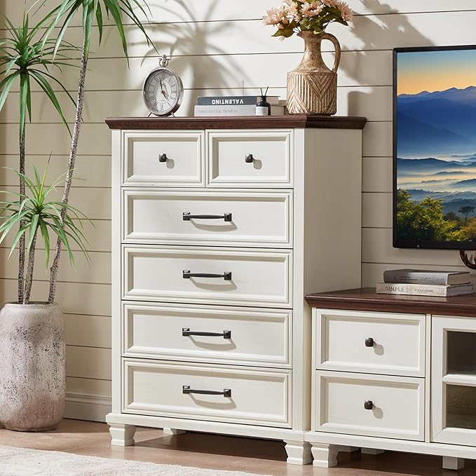 Farmhouse Bedroom Dresser and Nightstand Set of 4, 6 Drawer Tall & 5 Drawers Dresser & 2 Drawer Nightstand Set, Rustic Wood Bedroom Furniture Set for Livingroom, Hallway, White