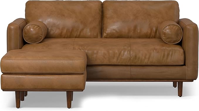 SIMPLIHOME Morrison Mid-Century Modern 72 inch Wide Sofa with Ottoman Set in Caramel Brown Genuine Leather for the Living Room and Family Room