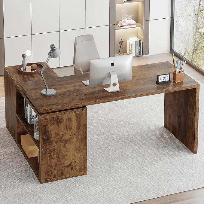 HSH Rustic L Desk with Storage Shelves, L Shaped Computer Desk with Open Storage Cabinet, Vintage Reversible Corner Home Office Desk for Living Room, Office, Rustic Brown 55 in