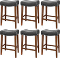 PrimeZone Counter Height Bar Stools Set of 6 - Backless Saddle Barstools with 4.3" Thick Upholstered, Nailhead Trim Faux Leather & Solid Wood Legs, 26 Inch Counter Stools for Kitchen Island, Black