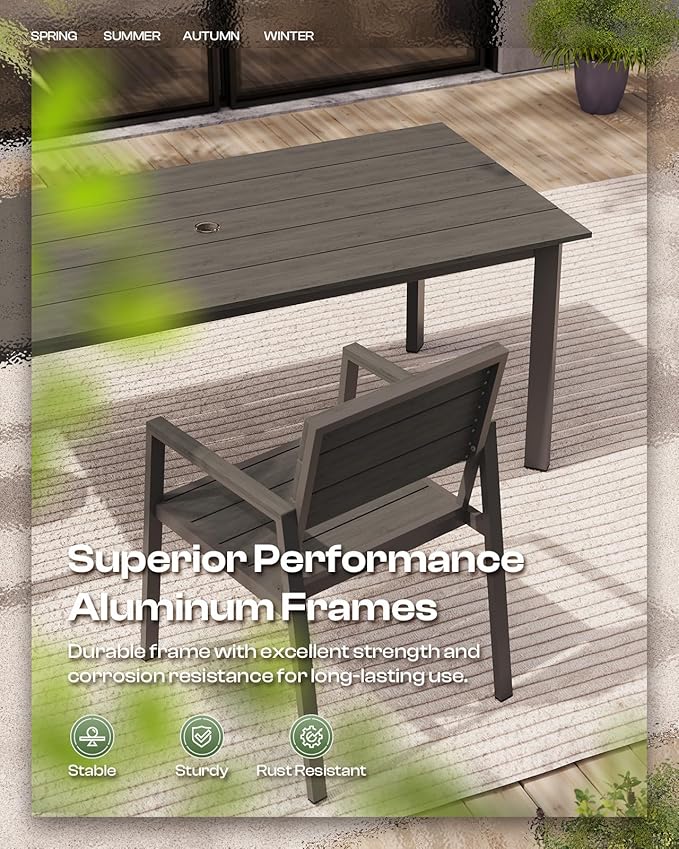 67" Rectangle HDPS Patio Dining Table, Aluminum Outdoor Patio Dining Table with Umbrella Hole, Weather-Resistant for Lawn, Garden, Yard, Poolside and Indoor Use, Charcoal