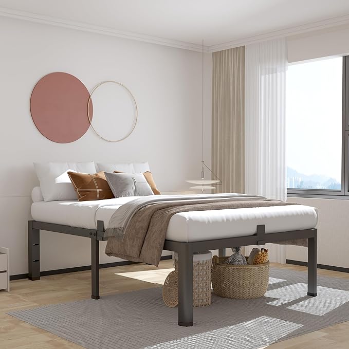 ROIL 14 inch Twin Bed Frames with Headboard Hole and Round Corner Legs Mattress Retainers 3500LBS Heavy Duty Steel Slats No Box Spring Needed Platform Noise-Free Easy Assembly