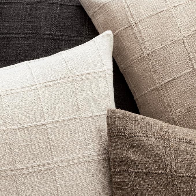 Foindtower Set of 2 Decorative Linen Check Throw Pillow Covers Neutral Long Body Lumbar Cushion Covers Farmhouse Vintage Home Decor for Sofa Chair Couch Bedroom Living Room,14×36 Inch,Natural Linen
